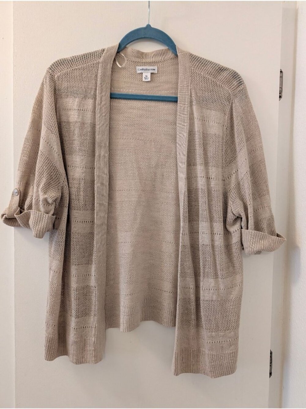 Croft & Barrow Beige Open-Front Lightweight Cardigan XL With Button Roll-Tab Sle